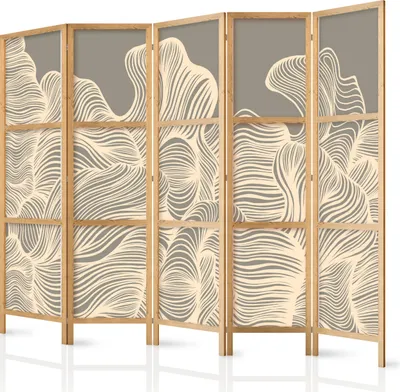 Zdjęcie produktu dla Ekran XXL 225x172 cm 5-częściowy jednostronny elegancki ekran prywatności ścianka działowa ścianka działowa drewniany motyw deco domowe biuro botanika abstrakcyjna natura a-A-10511-bh-b