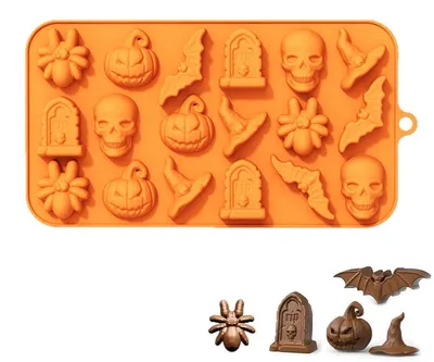 Immagine prodotto di Stampo in silicone per dolci a tema Halloween, con 18 cavità a forma di zucca, scheletro e pipistrello, adatto per alimenti