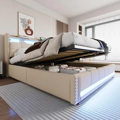 Image de MODFU Lit Coffre 180x200 cm avec LED et port USB, lit adulte avec espace de rangement intégré, sans matelas - Beige