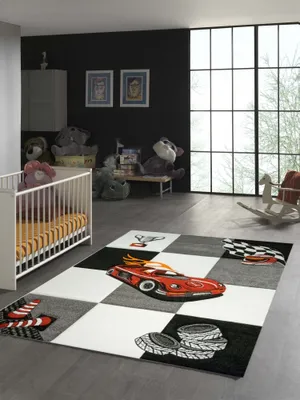 Produktbild von Kinderteppich Rennauto mit Creme Grau Rot Orange Schwarz Größe - 120 cm Rund