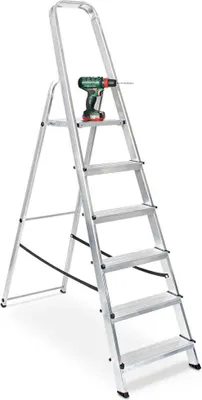 Produktbild von Alu Stufenleiter, 6 Stufen, Ablage, Eimerhaken, Arbeitshöhe bis 3210 mm
