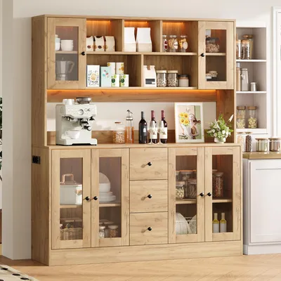 Productafbeelding van Keukenwandkast met acryl deuren, voorraadkast met LED-verlichting en stopcontacten, hoge kast met lades, 150x40x173 cm, naturel, MDF+spaanplaat