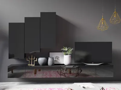 Produktbild von Wohnwand CALABRINI-20 Wohnzimmer-Set Hängewohnwand Schrankwand Schrank TV-Schrank Moderne Anbauwand Hochglanz (Schwarz)