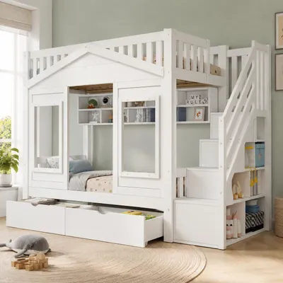 Produktbild von okwish Jugendbett 90×200 mit Ablagefächern und 2 Schubladen, Etagenbett mit Stauraumtreppe und Fenster,Hausbett in Weiß,ohne Matratze, KI-generiertes Bild