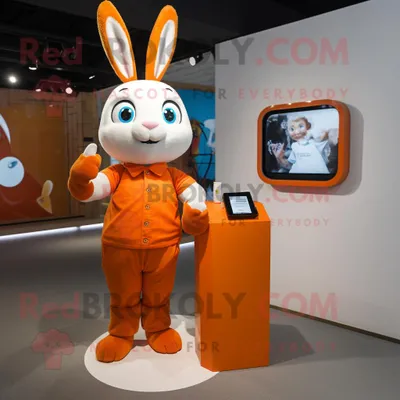 Produktbild von Oranger REDBROKOLY Hase Maskottchen Kostüm charakter bekleidet mit einem Etuikleid und Smartwatches