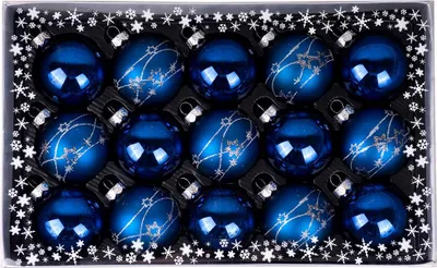 A box of 15 blue Christmas ornaments with silver star patterns.