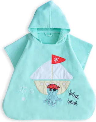 Produktbild von Milk&Moo Sailor Octopus Badeponcho Kinder | 100% Baumwolle | Strandtuch mit Kapuze für Kleinen | Offene Seite | Ultra Weich | Saugfähig | Kraken Stickerei | Einheitsgröße | 57x61 cm | Türkis