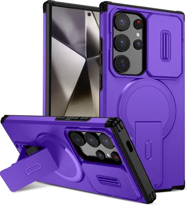 Obrázek produktu pro Magnetické pouzdro pro Samsung Galaxy S24 Ultra, dvouvrstvé odolné pouzdro s posuvnou ochranou fotoaparátu a nastavitelným stojánkem Fialová