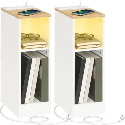 Obrázek produktu pro MAHANCRIS sada 2 odkládacích stolků s nabíjecí stanicí a LED světlem v hnědé barvě a