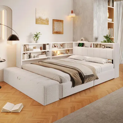 Produktbild von Flieks Schlafsofa 140x200cm mit Fußhocker, Hydraulisches Polsterbett mit Led und Usb, Tagesbett Stauraumbett mit Staufächern, Samt, Weiß