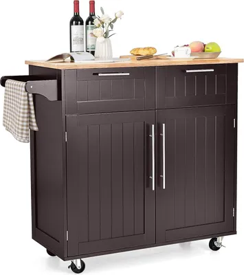 Immagine prodotto di Carrello da cucina KOMFOTTEU con piano di lavoro, isola da cucina con rotelle, carrello di servizio con 2 cassetti e ante, carrello grande in legno, carrello da cucina 94 x 45,5 x 94,5 cm (colore caffè)