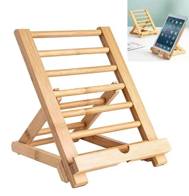 Produktbild von Holz Handyhalter Tablet Ständer Bambus 22x17cm verstellbar Klappbar für iPhone iPad Handyhalterung Schreibtisch Küche Büro
