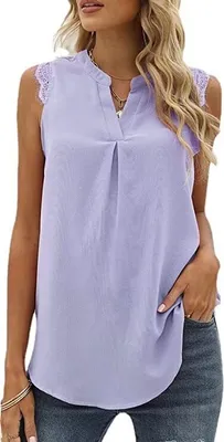 Produktbild von ASKSA Damen Ärmellose Bluse Elegant Spitzen Chiffon Tops Hemd V-Ausschnitt Sommer Casual Shirts, Violett, XXL
