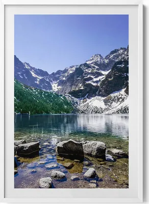 Produktbild von Bergsee-Landschaft– Wandbild mit Rahmen – Gerahmtes Bild  – Wanddekoration – 70x100 cm –  Weiß Rahmen