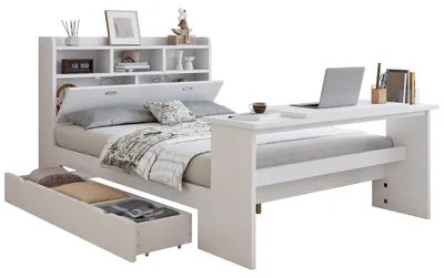 Produktbild von Kinderbett mit Stauraum und Klapptisch, mit Lattenrost, Regal, Schrank, Schubladen und Klapptisch, Holzbett, Stauraumbett, 140x200 cm