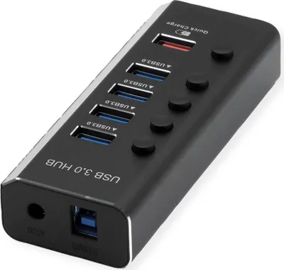 Produktbild von ROLINE USB 3.2 Gen 1 Notebook Hub 4fach + 1x Ladeport (QC), einzeln schaltbar