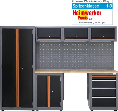 Produktbild von Werkstattwand 13-tlg. modulares Werkstattschranksystem aus Stahl mit Holzarbeitsplatte in orange