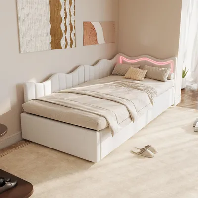Produktbild von UnboxG Polsterbett Schlafsofa 90x200, Einzelbett mit LED und hydraulischem Stauraum, Bettgestell mit Lattenrost, Tagesbett Samtstoff Bettsofa Gästebett Jugendbett, Beige