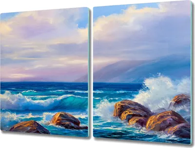 Produktbild von Coloray Kochplattenabdeckung Herdabdeckplatte 2x40x52 cm Hackbrett Schneidebrett Küchenbrett - Ozeanwellen Felsen Wolken