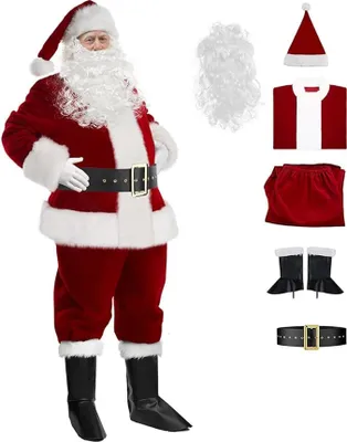 Obrázok produktu pre Kostým Otca Vianoc pre mužov kompletný pre dospelých Vianočný zamatový oblek so Santovou čiapkou Vianočná bunda cosplay kostýmy kostýmy pre maškarné kostýmy, muži, 6-dielna sada, jedna veľkosť