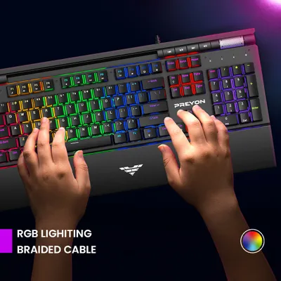 Produktbild von PREYON Long Scratch Brown Gaming-Tastatur, Handballenauflage, Outemu Brown Schalter, Aluminiumgehäuse, RGB-Beleuchtung, Antighosting