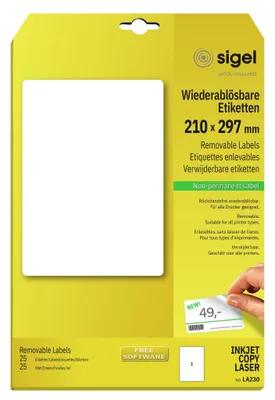 Produktbild von SIGEL LA230 Wiederablösbare Etiketten, 210 x 297 mm, weiß, 25 Etiketten