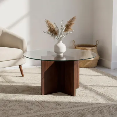Produktbild von Couchtisch Rund Ø80cm Sicherheitsglas Transparent und Walnussgestell GIULIA