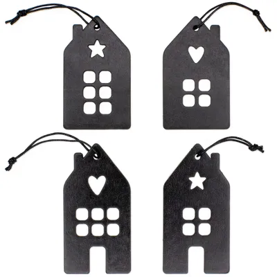 12 Holz-Weihnachtsbaumhänger, schwarze Häuser, 4 Designs