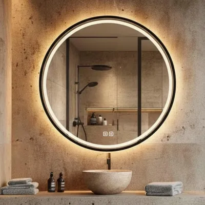 Produktbild von LED Badezimmerspiegel Rund 80 cm – Badspiegel mit LED Beleuchtung, Touch-Schalter, Anti-Beschlag, 3 Lichtfarben, Schwarzer Rahmen – SAVE HOME