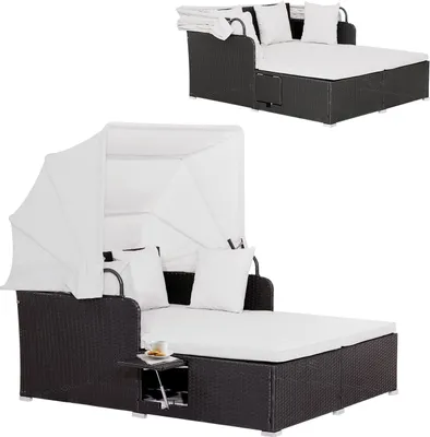 Produktbild von GOPLUS Rattan Lounge mit faltbarem Sonnendach, Gartenliege mit Sitz- und Rückenkissen, Doppelliege Gartensofa für Garten & Terrasse