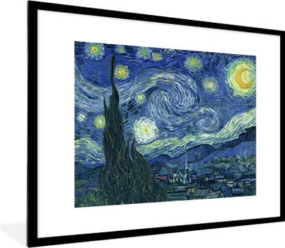 Produktbild von MuchoWow® Gerahmtes Poster Sternennacht - Gemälde - Alte Meister - Vincent van Gogh 80x60 cm - Poster mit Schwarzem Bilderrahmen Wandposter Rahmen Foto Bilder - Schlafzimmer-Dekorationen - Fotoposter