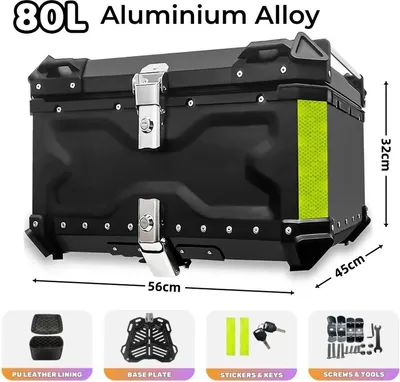 Zdjęcie produktu dla Pojemny kufr motocyklowy z aluminium, 80 litrów - czarny - wytrzymała przestrzeń do przechowywania kasku i akcesoriów