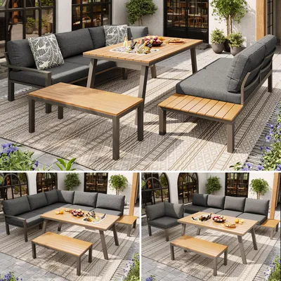 Produktbild von Gartenlounge Set 6-7 Personen, wetterfeste Sitzgruppe, Essgruppe mit Eiskübel-Tisch, verzinktes Eisengestell, modernes Gartenmöbel Set, für Garten Balkon Terrasse