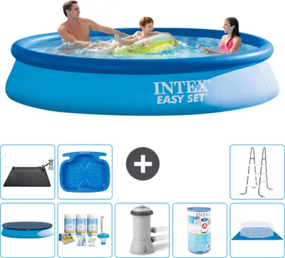 Produktbild von Intex runder aufblasbarer Easy-Set-Pool – 366 x 76 cm – Blau – im Lieferumfang enthalten Abdeckung - Wartungspaket - Filterpumpe für Schwimmbad - Filter - Bodenplane - Solarmatte