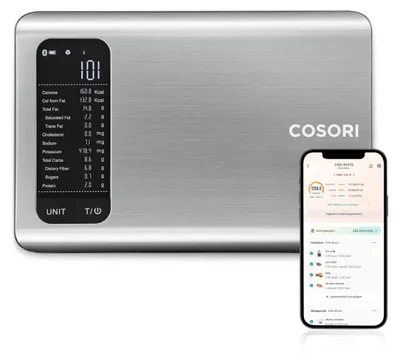 Produktbild von Cosori Küchenwaage digital mit Nährwertberechnung, Ernährungswaage App verfolgt 19 Nährstoffe, Kaloriendatenanalyse, 5kg Edelstahl-Lebensmittelwaage, geeignet für Gewichtsverlust, Datenbank nur für DE