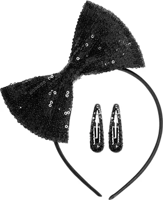 Produktbild von Haarreif 80er mit Schleife und Haarklammern Pailletten schwarz