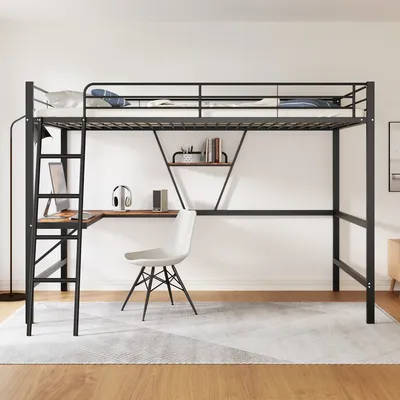 Obrázek produktu pro okwish Patrová postel 90x200 cm, rám z kovu, kovová postel s L-stolem a policí, vhodné pro děti, mládež, dospělé, černá