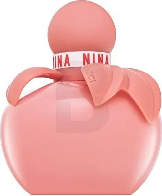 A pink perfume bottle with a rounded cap and petal-like accents around the neck, set against a white background.