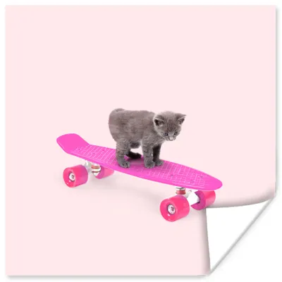 Produktbild von MuchoWow® Poster Katze - Kätzchen - Tiere - Skateboard - Rosa 50x50 cm - Wohnzimmerdekoration