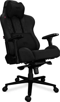 A black gaming chair is shown from a three-quarter angle against a white background.