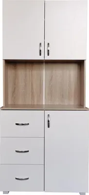A front view of a white and wood-grain kitchen buffet cabinet.
