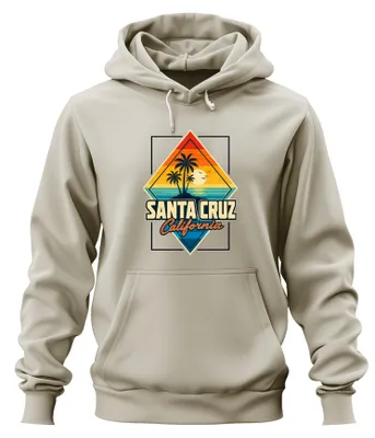 Imagen del producto de Sudadera con capucha estilo retro vintage de Santa Cruz, California, con diseño de atardecer, fabricada en Estados Unidos, color natural, talla M