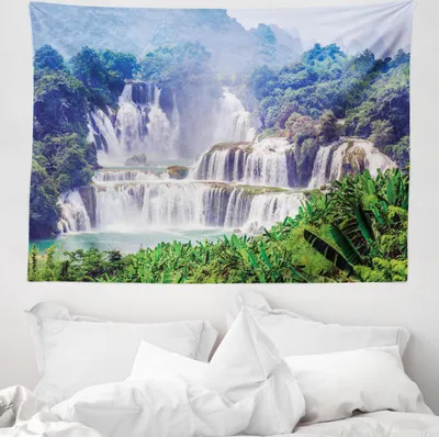 Produktbild von ABAKUHAUS Exotisch Wandteppich, Wasserfall Tropische Pflanze aus Weiches Mikrofaser Stoff Waschbar ohne Verblassen Digitaldruck, 150 x 110 cm, Grün Hellblau