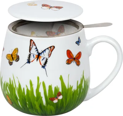 Produktbild von Könitz Schmetterlingswiese Becher, Tasse, Teetasse, mit Sieb und Deckel, Porzellan, 420 ml, 11 5 143 2277