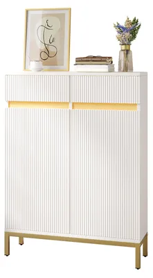 Image de Armoire à chaussures, façade rainurée, 2 tiroirs, 2 portes battantes, étagères réglables, éclairage LED, pieds en fer
