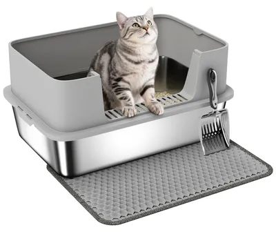 Produktbild von Katzentoilette Edelstahl Offene Katzenklo mit Schaufel hohem Rand Matte für Katzen bis 7 kg 60,2 x 40,2 x 29,5 cm, Grau