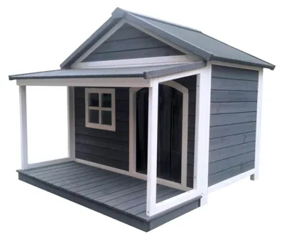 Produktbild von Hundehütte aus Massivholz | wetterfeste Hundehütten mit Satteldach | isoliertes Hundehaus | Outdoor Hütte mit Vordach, Terrasse und Fenster | B 130 x T 118 x H 108 cm