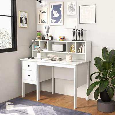 Image de Bureau - Table d'ordinateur - Table pour enfants - Bureau pour ordinateur - Espace de travail à domicile - Blanc - 120x60x110 cm - 2 tiroirs et 5 compartiments