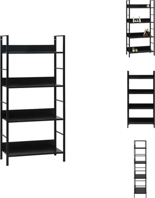 A black, four-shelf bookcase is shown from the front.