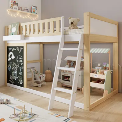 Produktbild von Sweiko Hochbett, Kinderbett, Mit einer kleinen Tafel zum Bemalen, Mit Aufbewahrungsbox, Sicherheitsgeländer, Individuell anpassbarer Stauraum unter dem Bett, Kiefer + MDF , Weiß+Natur, 90x200cm